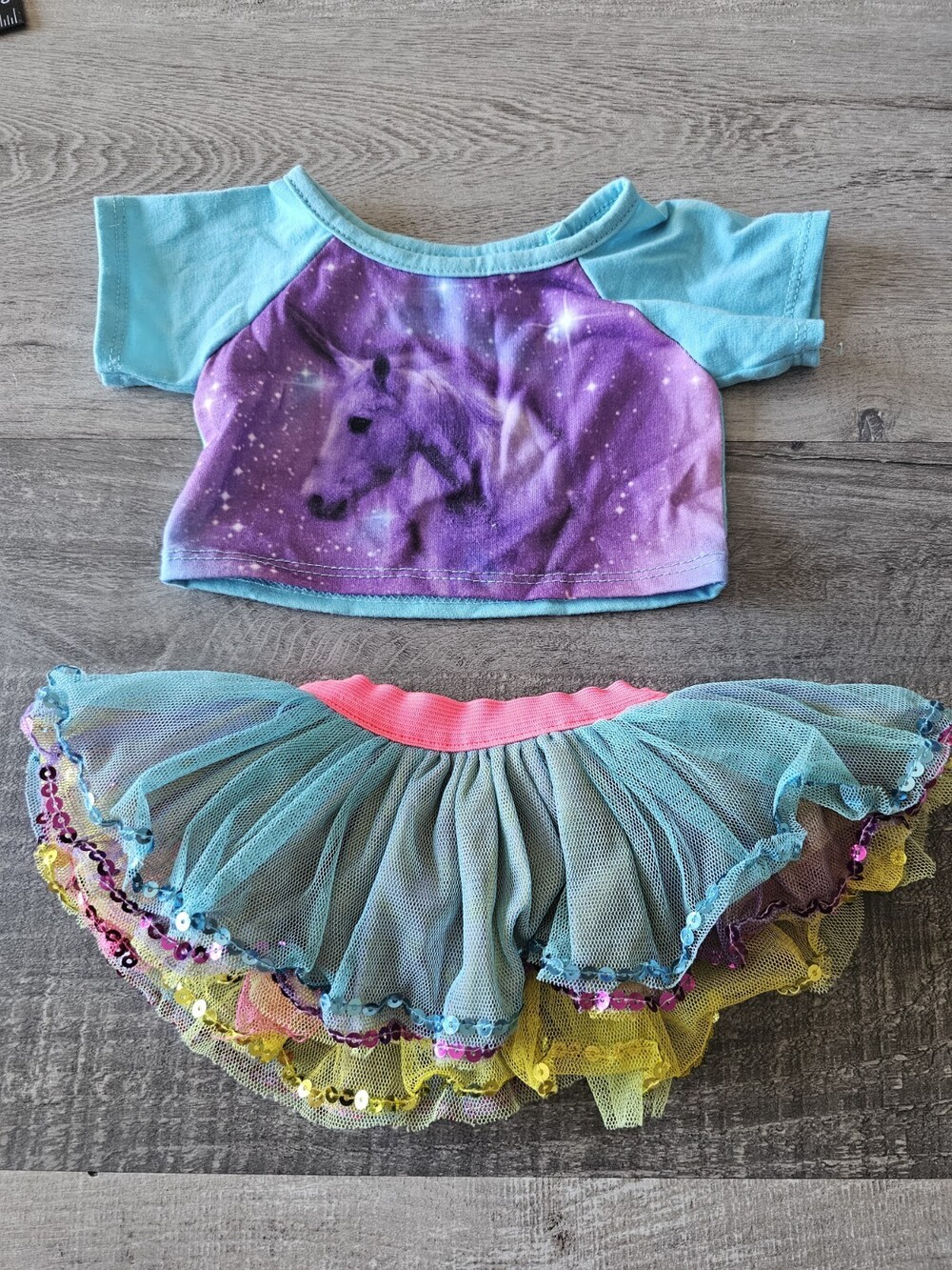 Build a Bear BABW Rainbow Tulle TUTU Skirt Sequin REVERSIBLE & Horse Shirt #34